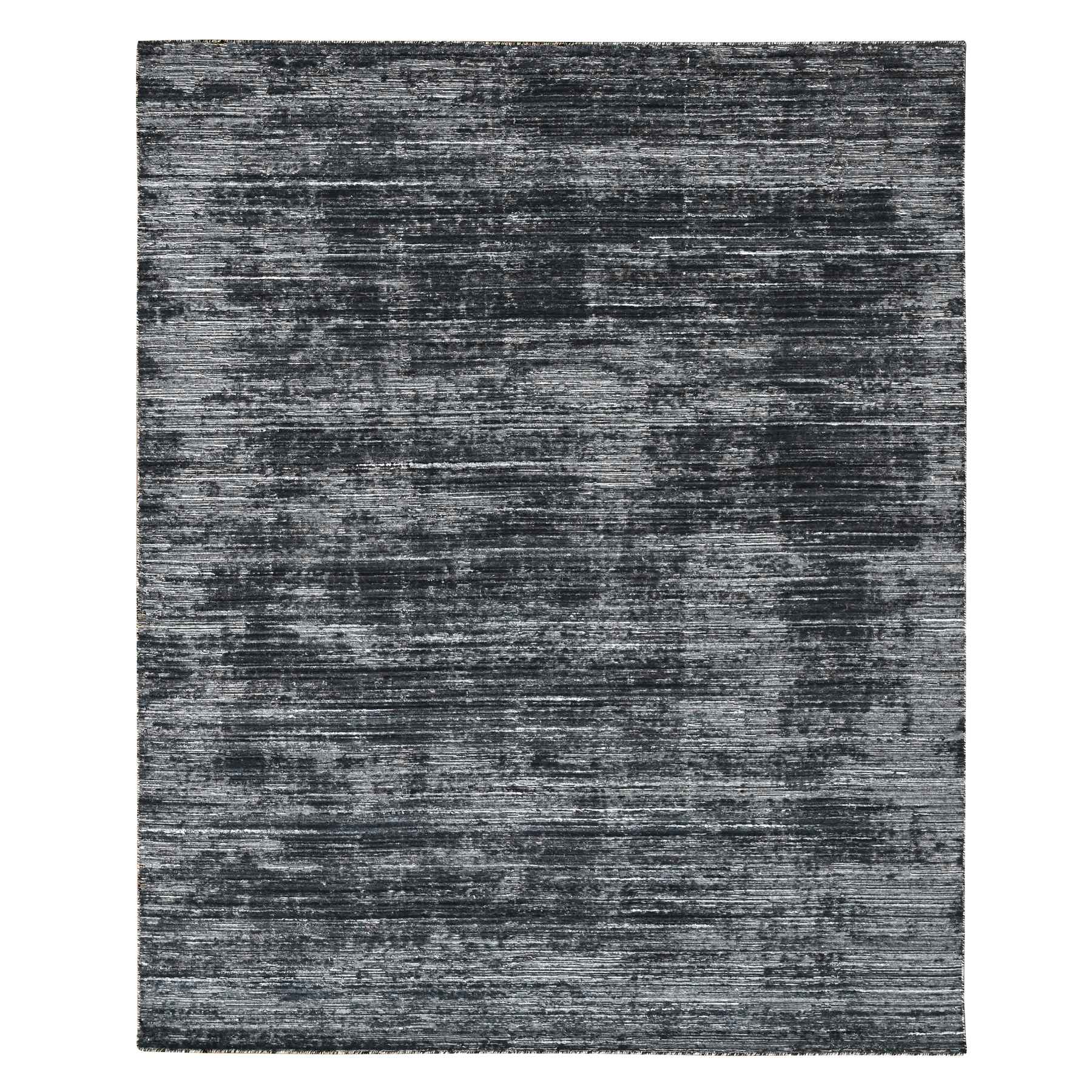 Onyx Black with a mix of Ivory, Modern Design, Hand Loomed, Wool and Plant Based Silk, Textured Pile, Oriental Rug